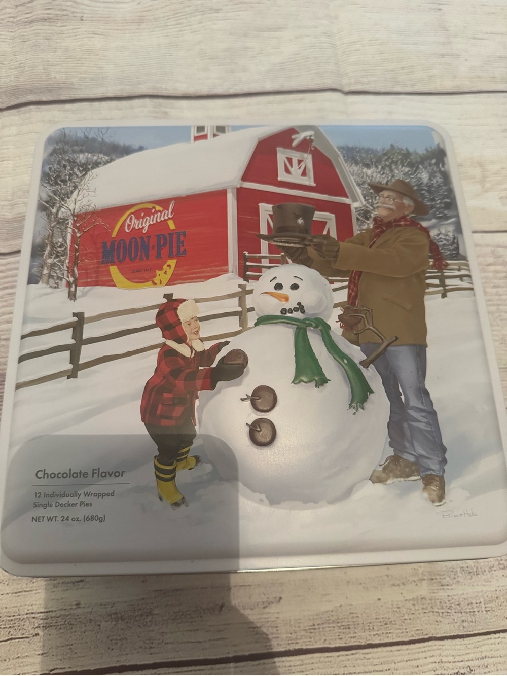 Holiday Tin - Red Barn Snowman Scene